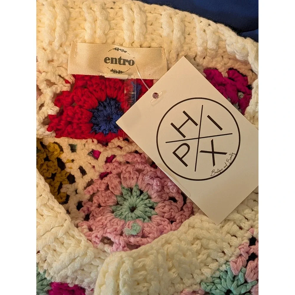 Entro Crochet Granny Square NEW Sweater Vest Floral Boho Ivory Size Small NWT